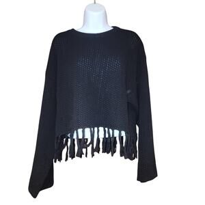 Le‎ Lis Black Knit Fringe Crop Sweater Sz Small Long Bell Bottom Sleeves99